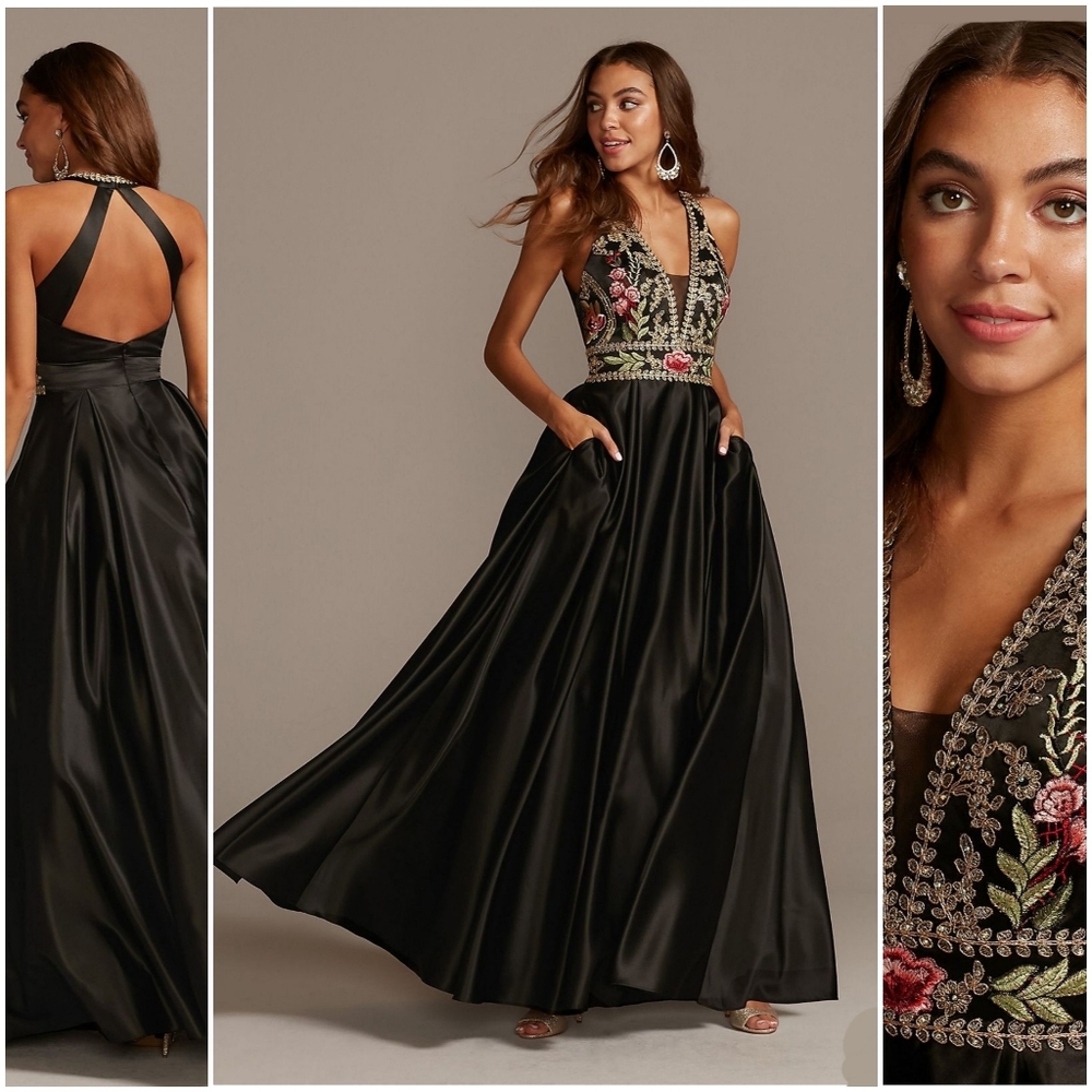 NEW-Gorgeous black satin gown, red gold embroidery